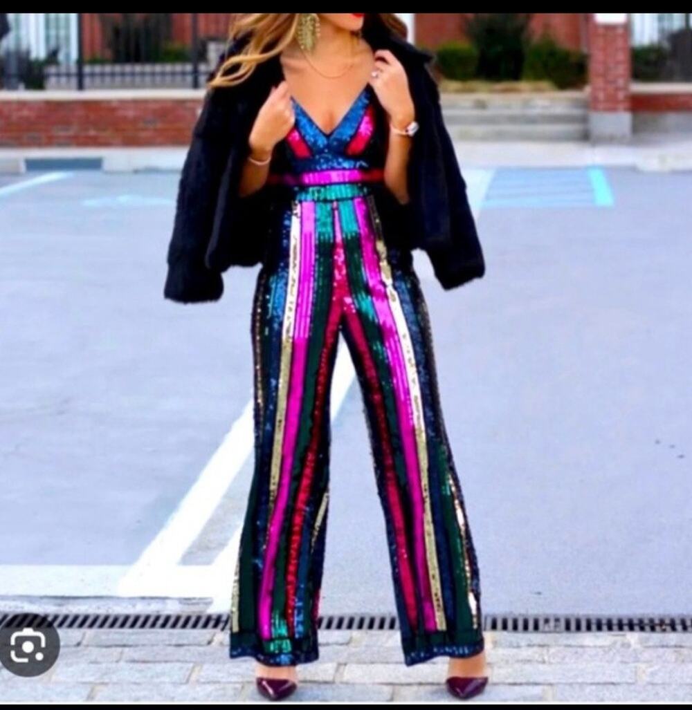 Express Multicolored Sequin Wide Leg Jumpsuit Sz XL